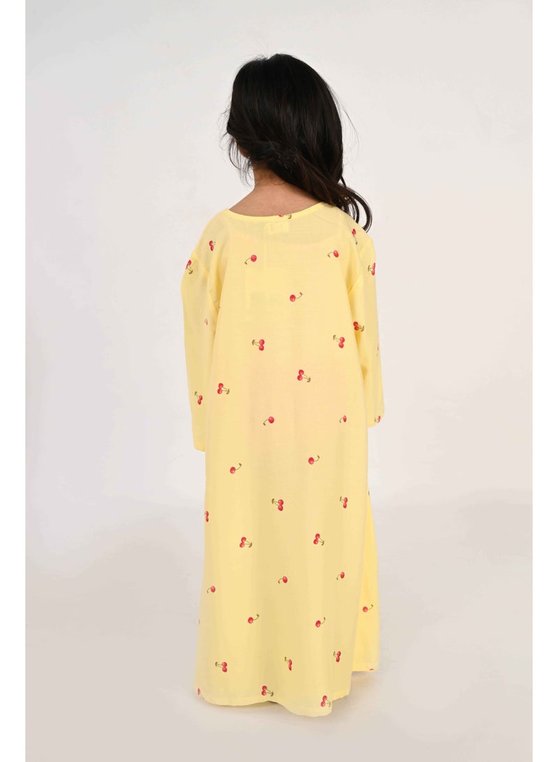 Linelle Kids Jalabiya – Yellow with Cherry Print and Embroidered Neckline - Image 4