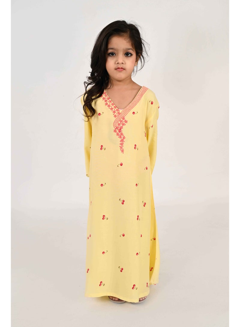 Linelle Kids Jalabiya – Yellow with Cherry Print and Embroidered Neckline - Image 2