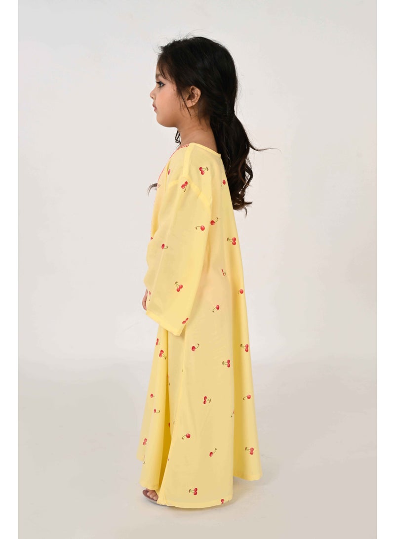 Linelle Kids Jalabiya – Yellow with Cherry Print and Embroidered Neckline - Image 3