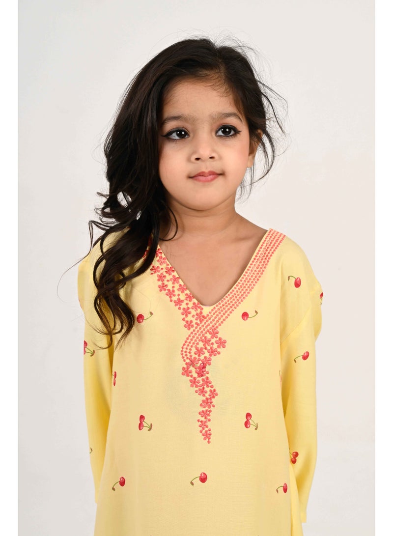 Linelle Kids Jalabiya – Yellow with Cherry Print and Embroidered Neckline - Image 1
