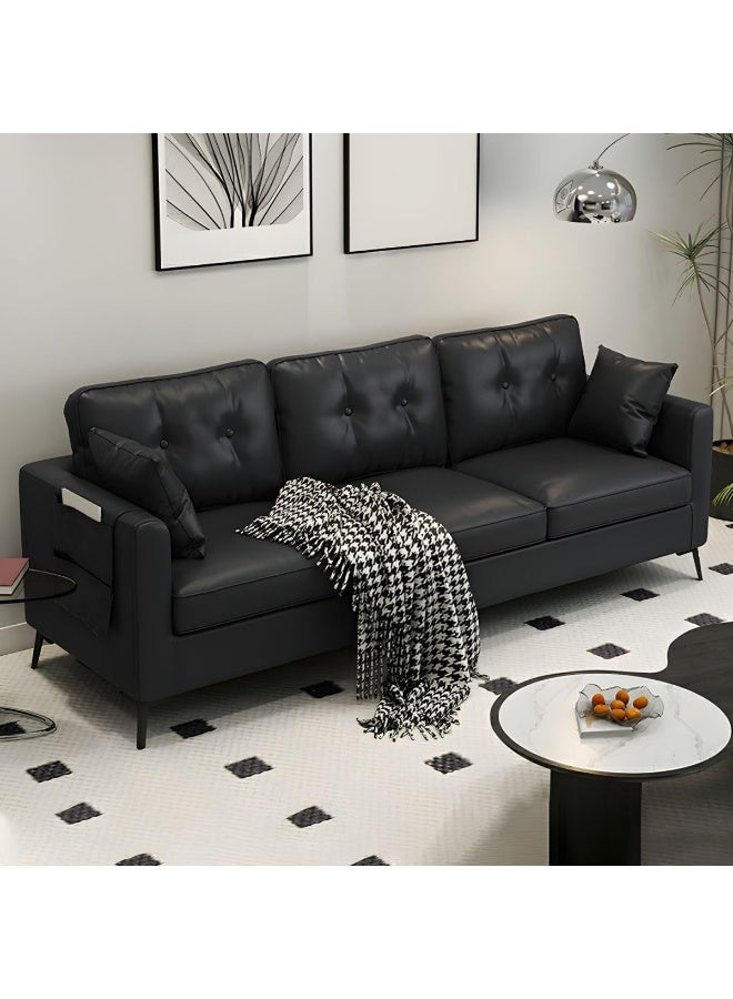 Ripple FURNITURE UAE Homes Contemporary 3-Seater Leather Sofa, Tufted Back, Metal Legs (Black) - Image 1