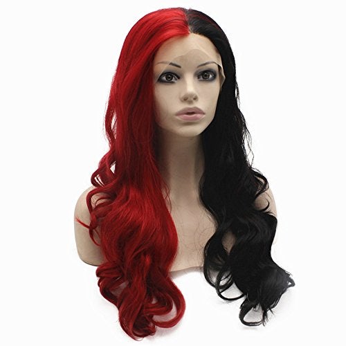MX angel Long Wavy Half Black Red Synthetic Lace Front Halloween Wig - Image 2