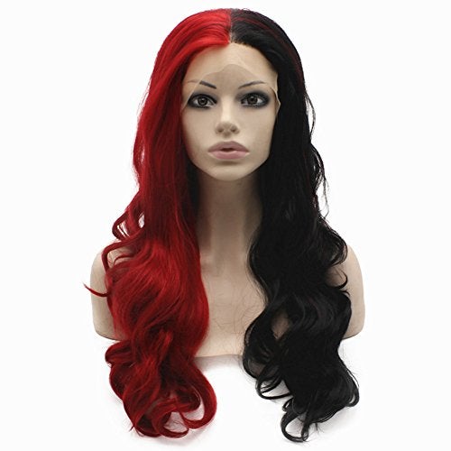 MX angel Long Wavy Half Black Red Synthetic Lace Front Halloween Wig - Image 1