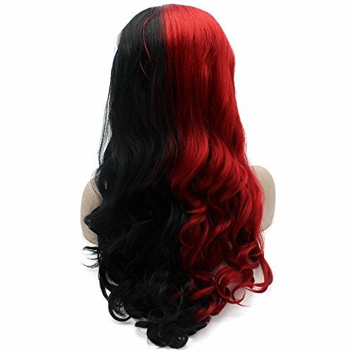 MX angel Long Wavy Half Black Red Synthetic Lace Front Halloween Wig - Image 4