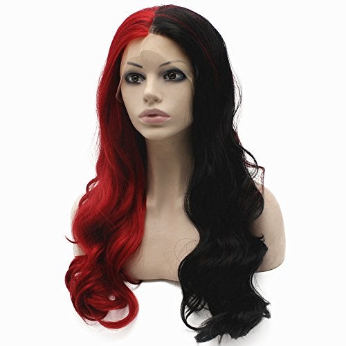 MX angel Long Wavy Half Black Red Synthetic Lace Front Halloween Wig - Image 3