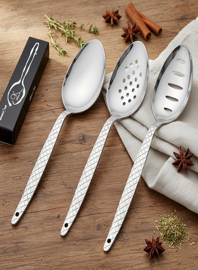 BNAZIND 3-Pack Chef Kunz Spoon | 9 Inch S.S 18/10 Silverware Set of Serving, Slotted and Perforated Spoons Perfect for Basting, Plating, Quenelle, Sauces with Non-Slip Grip - Image 2