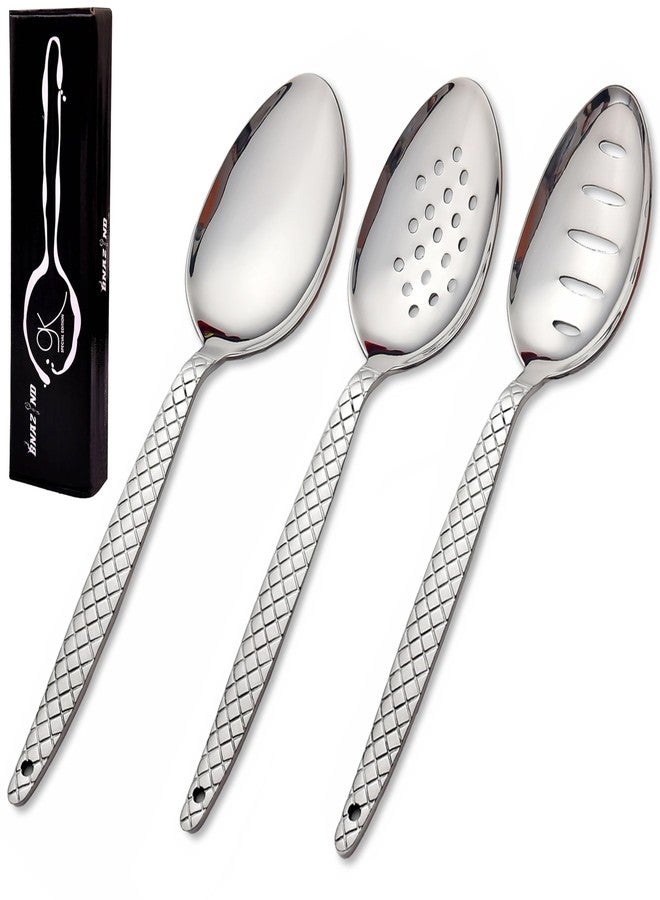 BNAZIND 3-Pack Chef Kunz Spoon | 9 Inch S.S 18/10 Silverware Set of Serving, Slotted and Perforated Spoons Perfect for Basting, Plating, Quenelle, Sauces with Non-Slip Grip - Image 1
