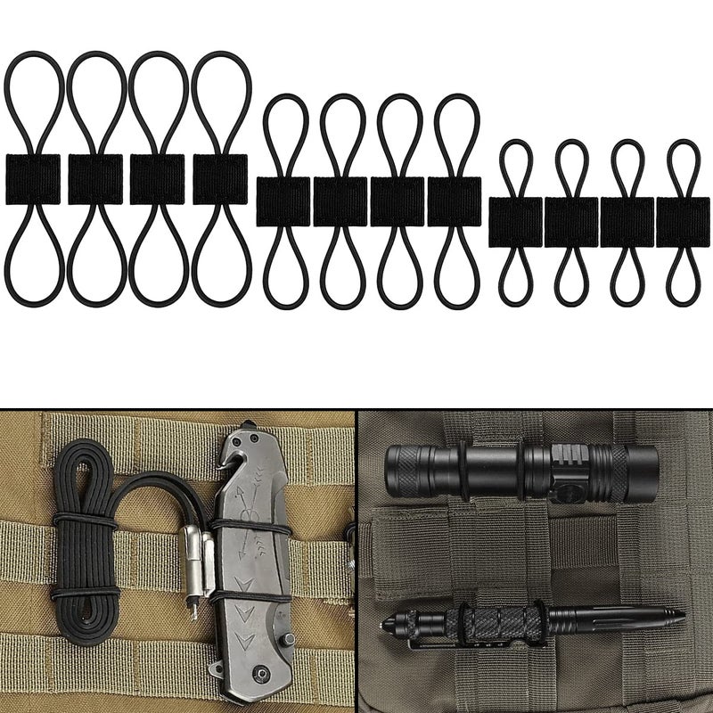 GearHill Elastic Webbing Binding Ribbon Multipurpose Backpacks Attachments Tactical Molle Backpack Accessories, Tactical EDC Gear (12 Pieces Black 3 Size Kit) - Image 1