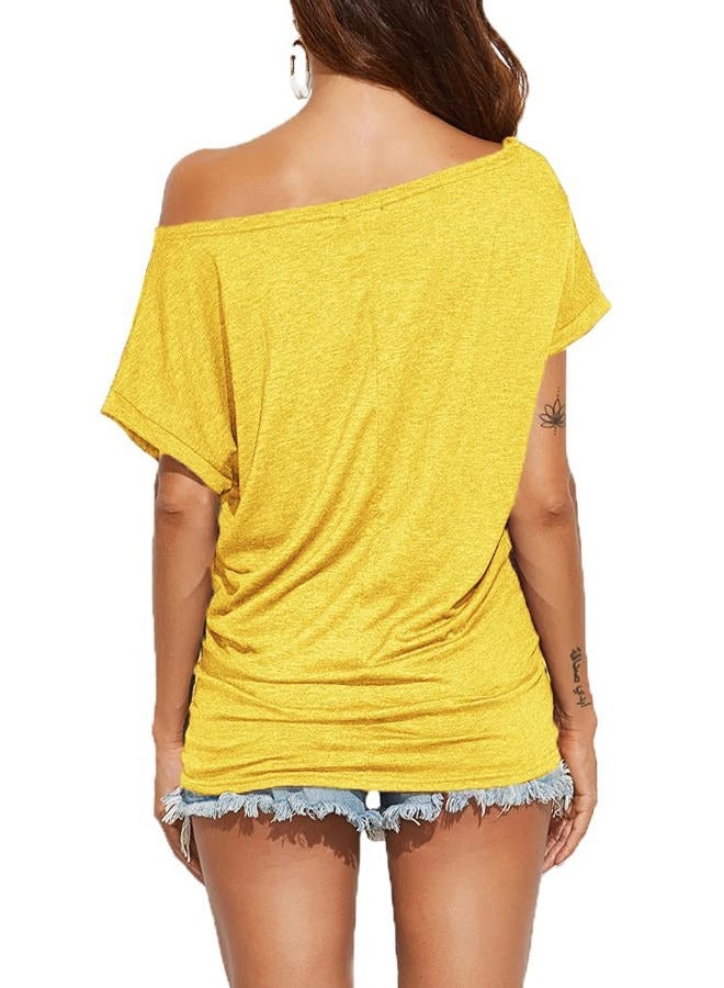 Poetsky Women's Summer Tops Short Sleeve Shirts Off Shoulder Blouses Light Yellow XL - Image 2