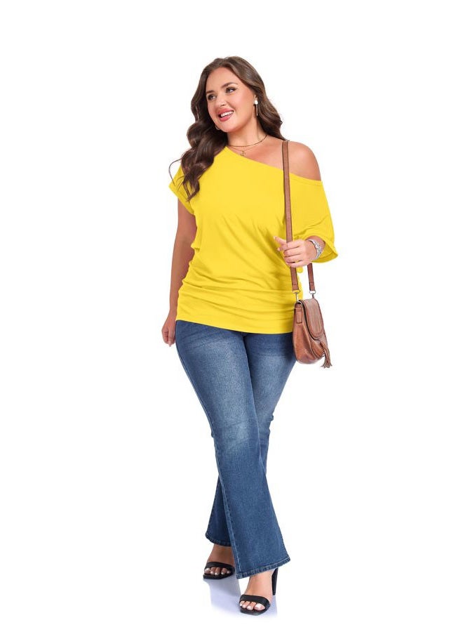 Poetsky Women's Summer Tops Short Sleeve Shirts Off Shoulder Blouses Light Yellow XL - Image 3