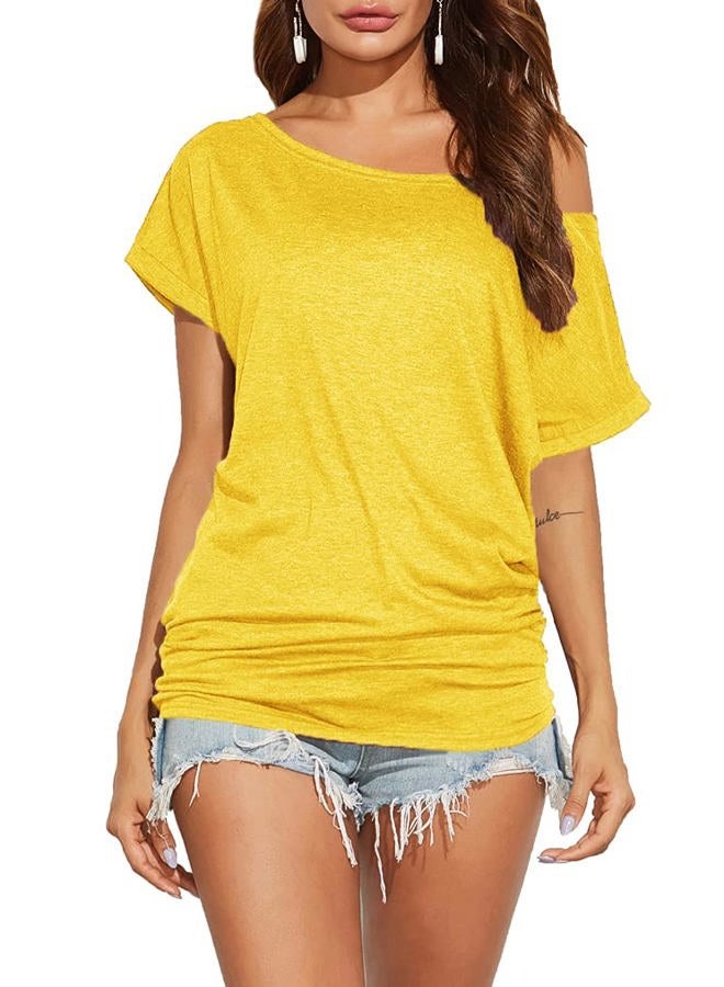 Poetsky Women's Summer Tops Short Sleeve Shirts Off Shoulder Blouses Light Yellow XL - Image 1
