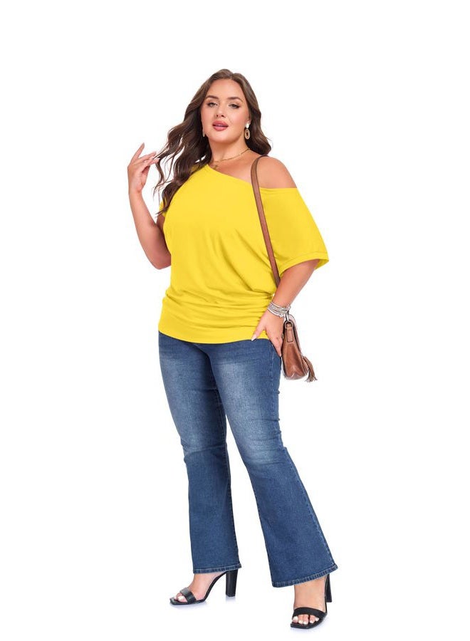 Poetsky Women's Summer Tops Short Sleeve Shirts Off Shoulder Blouses Light Yellow XL - Image 5