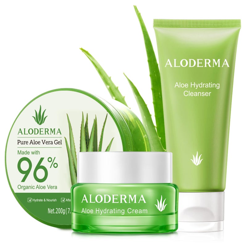Aloderma Basic Aloe Hydrating Set - 3 Pieces - Cleanser, Cream, 200g Aloe Vera Gel - Image 1
