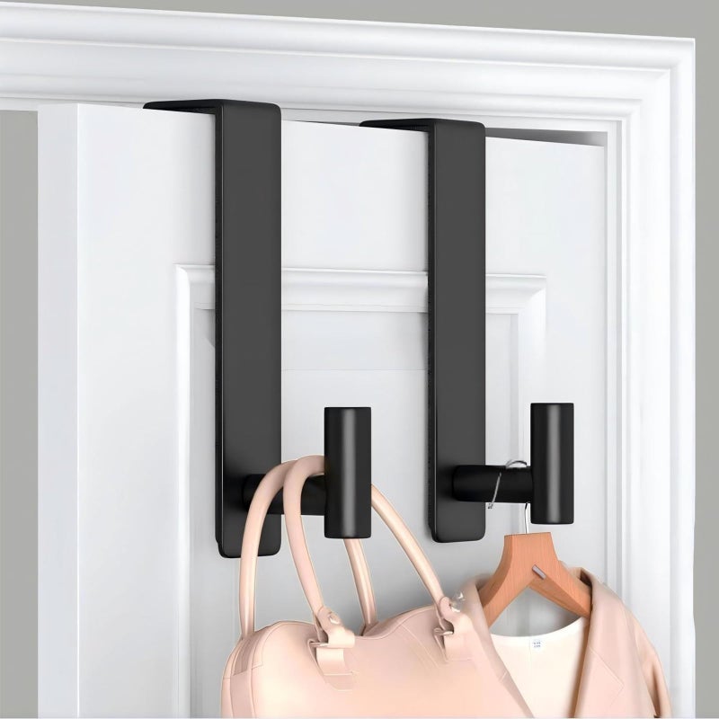 VINHOLD Heavy Duty Stainless Steel Over-Door Hook for Coats, Totes, Towels â€“ Easy Install Door Hooks with Non-Slip Pads for Bedroom Bathroom Entryway Office (Black, 2 Pack, Fits 1-3/4" Thick Door) - Image 1