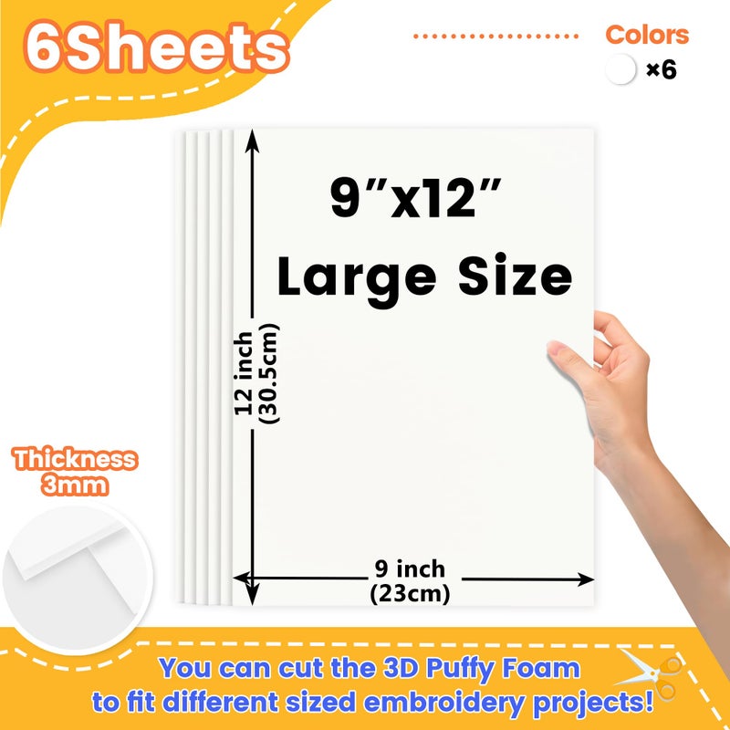 New brothread - 15 Options- 6PCS Embroidery Puffy Foam 9â€³x12â€³ Large Size 3MM Creating 3D Embroidery Effect for Caps, Garments, Jackets, Bags, Backpacks and More - White - Image 2