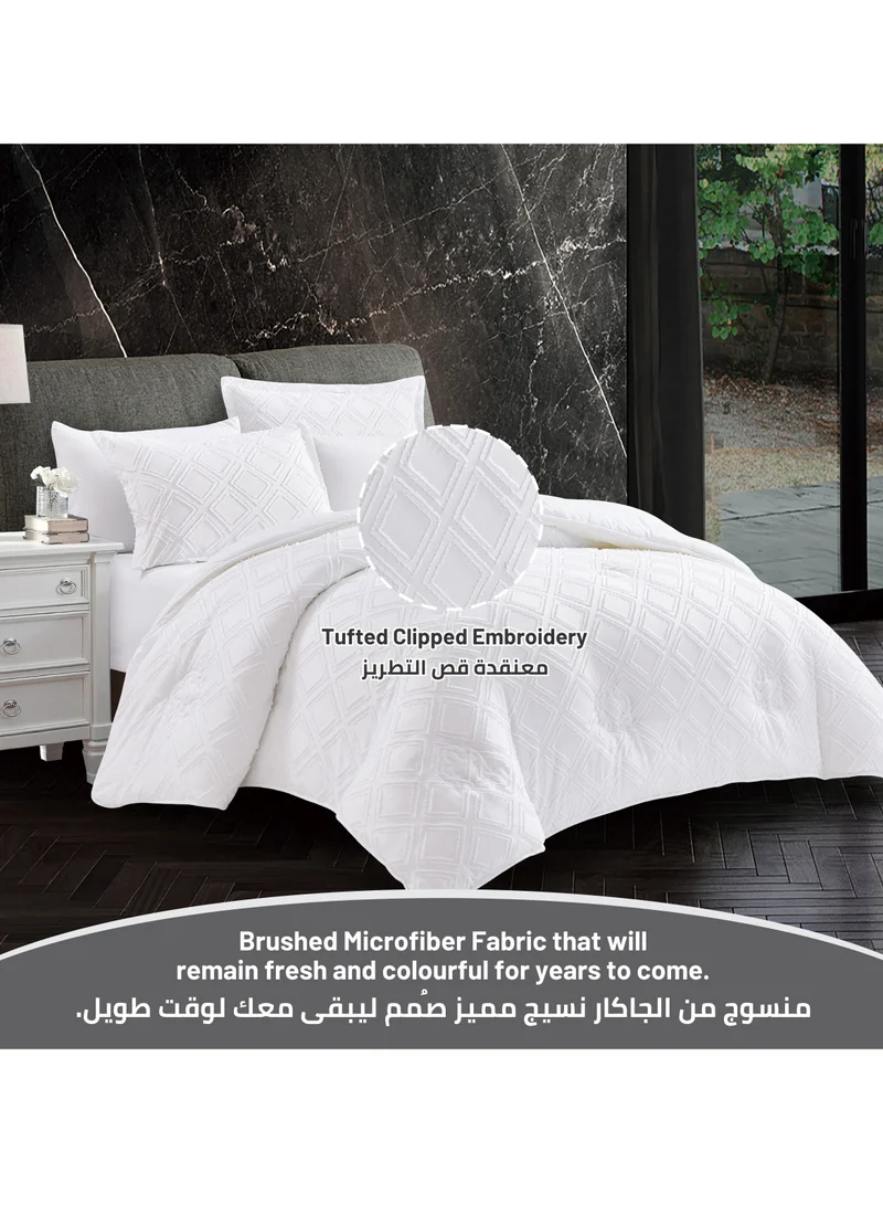 Donetella Comforter Set 4-Pcs Single Size Designer Tufted Embroidery Bed Set Fits 170x230 Cms (350 GSM) With Down Alternative Filling,White