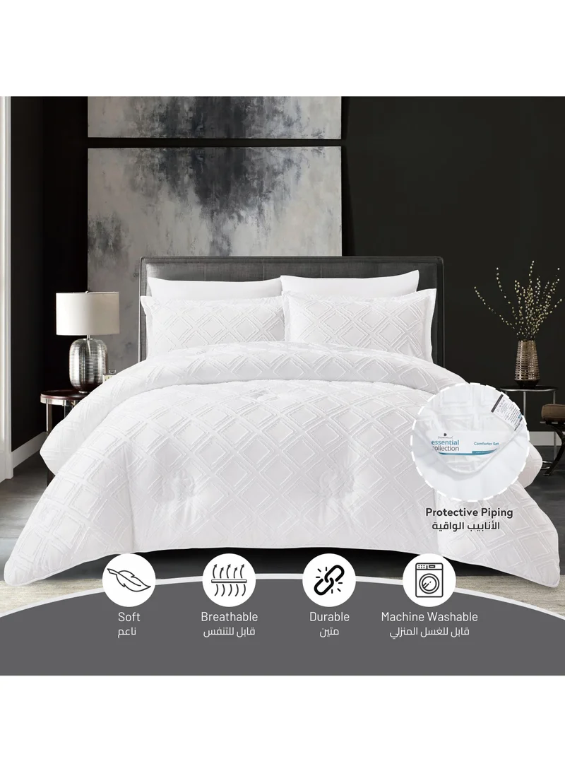 Donetella Comforter Set 4-Pcs Single Size Designer Tufted Embroidery Bed Set Fits 170x230 Cms (350 GSM) With Down Alternative Filling,White