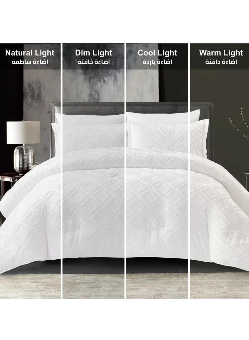 Donetella Comforter Set 4-Pcs Single Size Designer Tufted Embroidery Bed Set Fits 170x230 Cms (350 GSM) With Down Alternative Filling,White