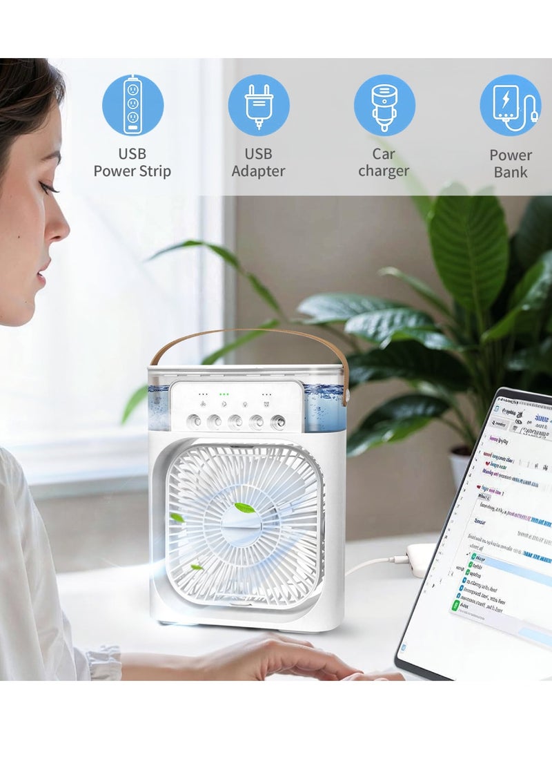 Portable Air Conditioner Fan Mini Evaporative Air Cooler With 7 Colors LED Light 1/2/3 H Timer 3 Wind Speeds And 3 Spray Modes 5 Spray Holes For Your Desk Nightstand Or Coffee Table Fan Evaporative Air Cooler CX-22 White