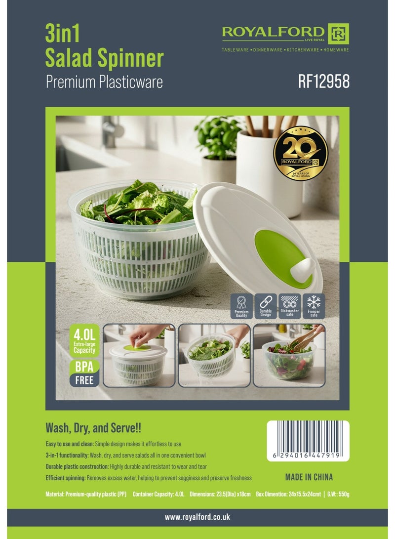 Royalford 4L XL 3in1 Salad Spinner RF12958 Spinner and Lettuce Drain Fast Water Removal and Optimal Salad Preparation Easy to use for fruits and vegetables washing white - Image 2