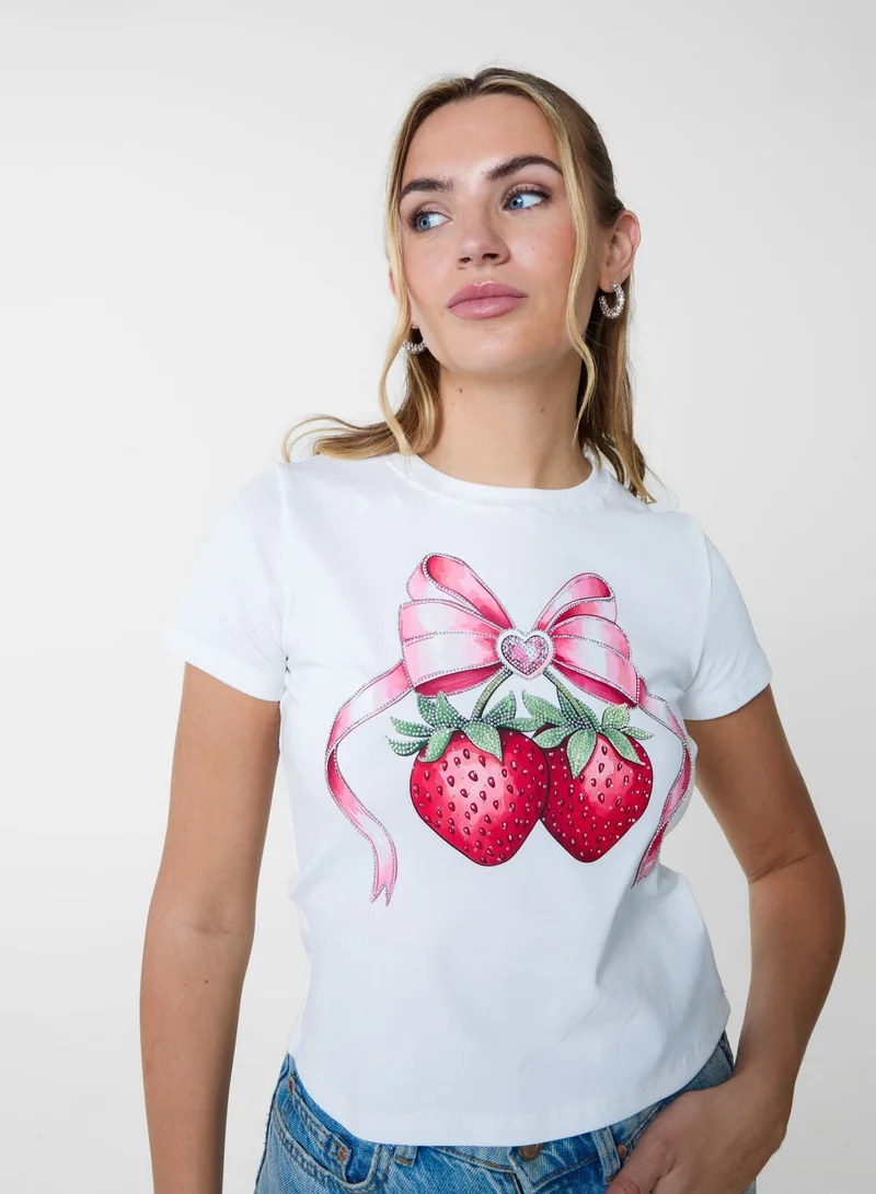 Pink Vanilla Diamante Strawberry Bow Tee
