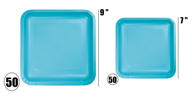 Oojami 100 Count Teal Paper Plates Set â€“ 50 9-Inch Dinner & 50 7-Inch Dessert Plates, Square Disposable Tableware for Birthday Parties, Weddings, Baby Showers, and Special Events