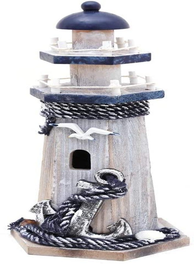 Linfevisi Nautical Decoration Handmade Wooden Lighthouse with Anchor&Seabird Marine Ornament Wooden Lighthouse 10.25" High Tabletop Decor - Image 1