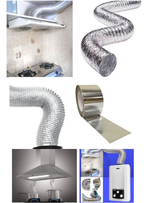 A hobby or chimney that expands to 10 meters and a diameter of 5 inches (12.55 cm) of thermally expandable aluminum for the kitchen hood, gas heater and air conditioner + a special thermal paste roll of 23 yards + a hobby hood with a button to control the opening and closing
