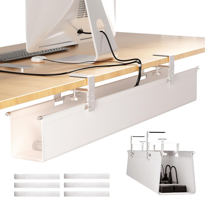 Cinati [Upgraded] Large Under Desk Cable Management Tray, Cable Management Under Desk No Drill, 28.4" Fabric Cord Hider for Wire Organizer, Cord Organizer for Office, Home - Supports Up to 30lbs White - Image 1
