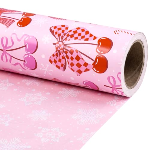 RUSPEPA Reversible Christmas Bow Wrapping Paper Roll Mini Roll Pink Romantic Cherry Bow and Candy Cane Design White Snowflake Gift Wrap Paper for Girls Women Holiday Gifts 17 Inches x 328 Feet - Image 1