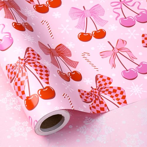 RUSPEPA Reversible Christmas Bow Wrapping Paper Roll Mini Roll Pink Romantic Cherry Bow and Candy Cane Design White Snowflake Gift Wrap Paper for Girls Women Holiday Gifts 17 Inches x 328 Feet - Image 3