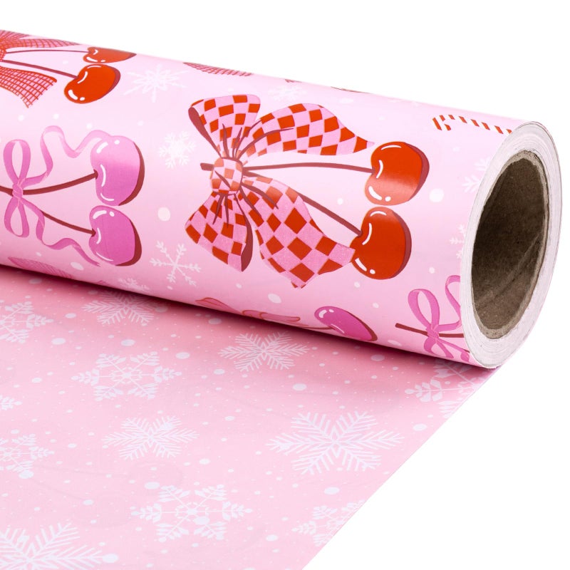 RUSPEPA Reversible Christmas Bow Wrapping Paper Roll Mini Roll Pink Romantic Cherry Bow and Candy Cane Design White Snowflake Gift Wrap Paper for Girls Women Holiday Gifts 17 Inches x 328 Feet - Image 2