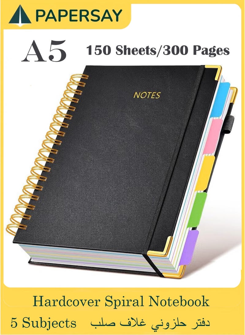 PAPERSAY A5 Hardcover Spiral Notebook Journal - 150 Sheets/300 Pages, 5 Subjects, College-ruled. With Removable Dividers , Leather/Faux Leather. For Work, School, Note-Taking, Ideal for Students(Black) - Image 1