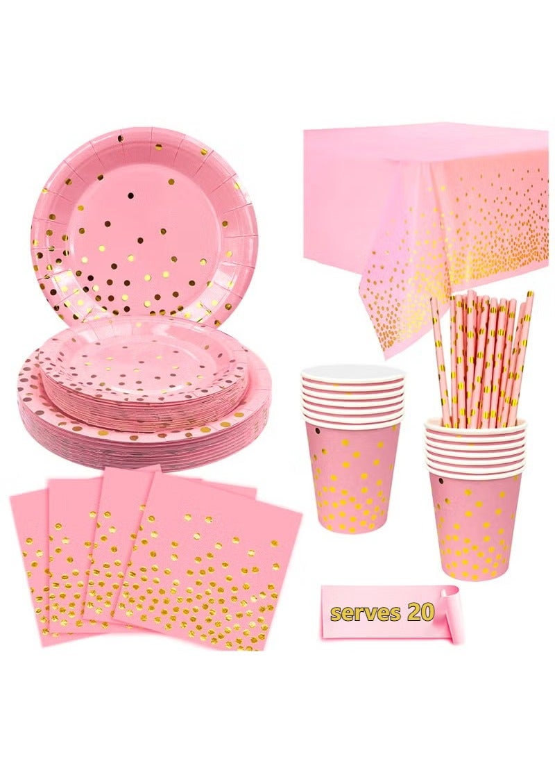 Pink Party Disposable Tableware for 20 Guests, Pink and Gold Birthday Dinnerware Set Polka Dot Party Decorations for Graduation, Birthday, Holiday, Wedding - Image 1