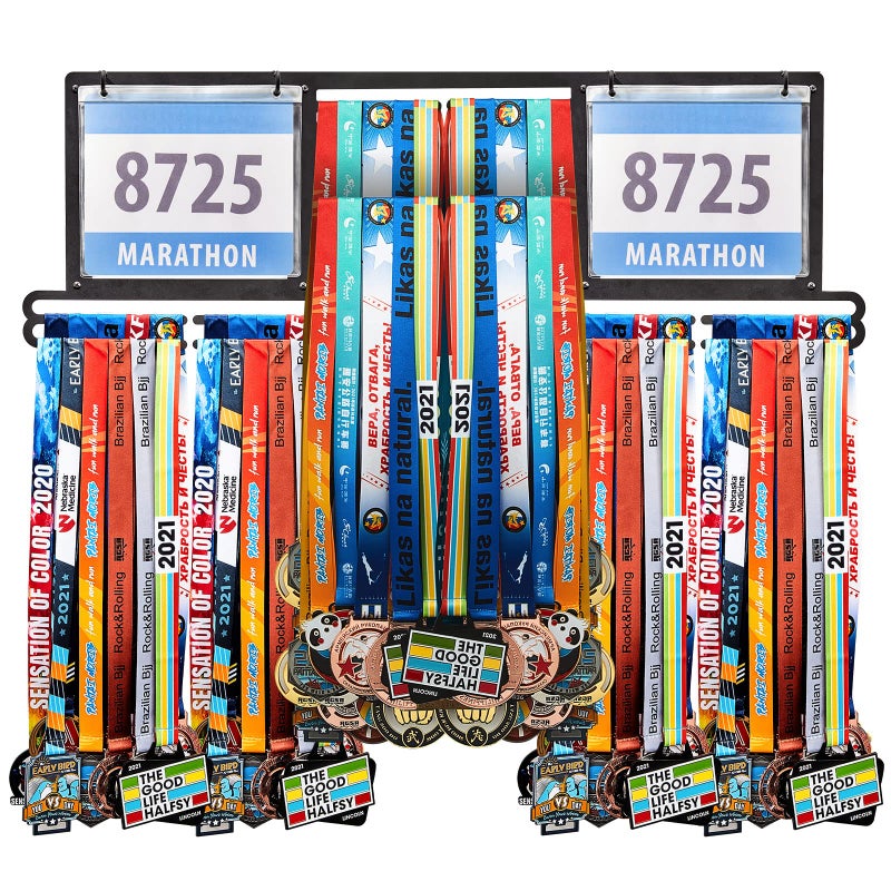 Shimeyao Race Bib and Medal Display Hanger Metal Rack Holder Wall Mounted Award Rack for Runners Displays Over 100 Medals and 200 Race BibsBlack