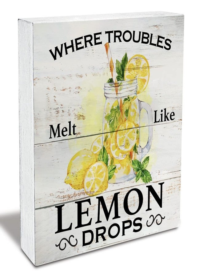 MAVOTEN Where Troubles Melt Like Lemon Drops Wood Box Sign Rustic Wooden Box Sign Summer Farmhouse Home Kitchen Desk Shelf Decor (5 X 5 Inch) - Image 1