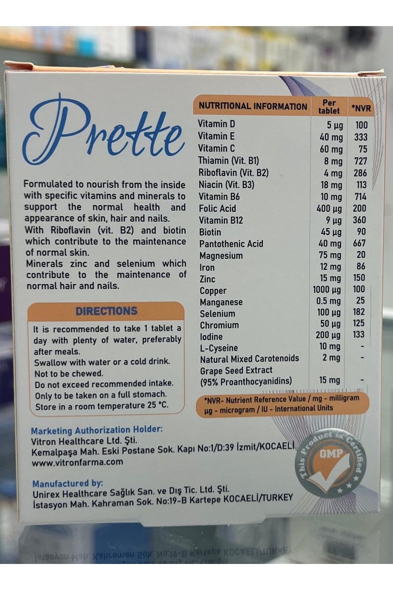 Vitron PRETTE MULTIVITAMIN & MINERAL TABLETS 30'S FOR HAIR, SKIN & NAILS - Image 2