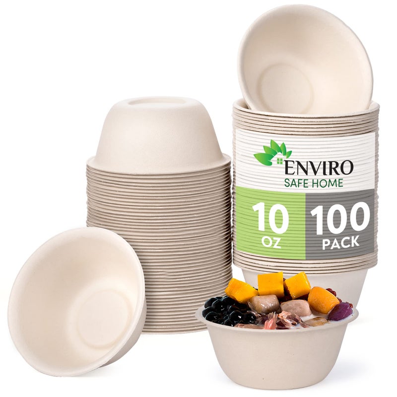 Enviro Safe Home 10 Oz Bamboo Disposable Bowls For Hot Soup, 100 Pack - Small, Heavy Duty, Microwavable, Oven Safe - Perfect for Hot Food, Meals, Acai & More - Eco-Friendly, Leak-Proof - Image 1