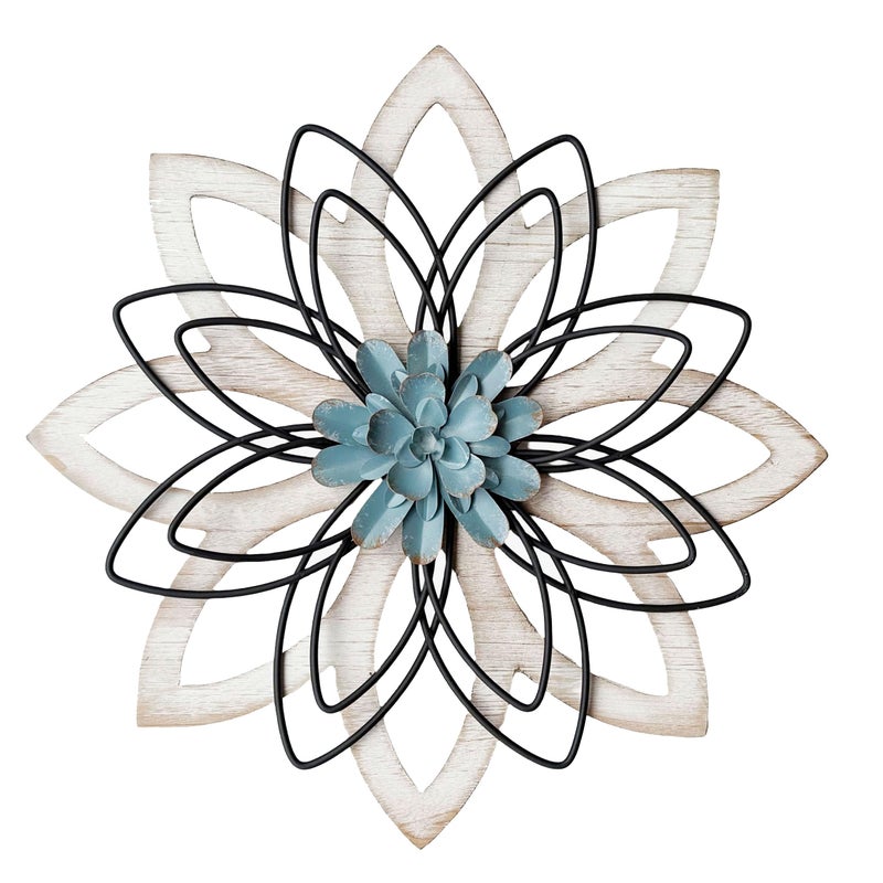 Remenna Metal Flowers Wall Decor Metal Rustic Wall Art Decoration Farmhouse Wall Decorations Multiple Floral Hanging Decor for Bathroom Living Room Home Office Garden Kitchen white blue - Image 2