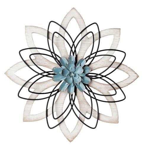 Remenna Metal Flowers Wall Decor Metal Rustic Wall Art Decoration Farmhouse Wall Decorations Multiple Floral Hanging Decor for Bathroom Living Room Home Office Garden Kitchen white blue - Image 1