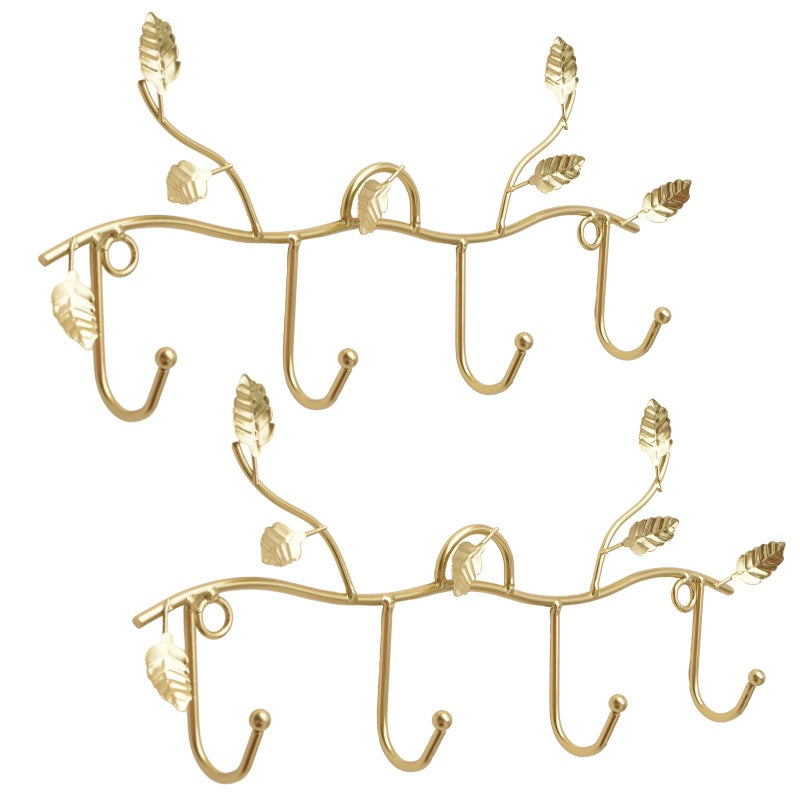MOROBOR Gold Leaf Coat Rack Wall Mount Hooks 2 Pack Iron Hooks with 4 Hooks Key Hangers for Wall Decor No Drill Required - Image 2
