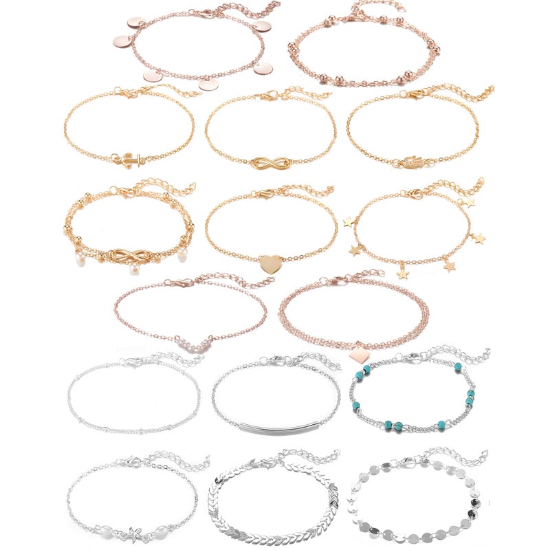 Softones 16Pcs Ankle Bracelets for Women Gold Silver Two Style Chain Beach Anklet Bracelet Jewelry Anklet Set,Adjustable Size - Image 1