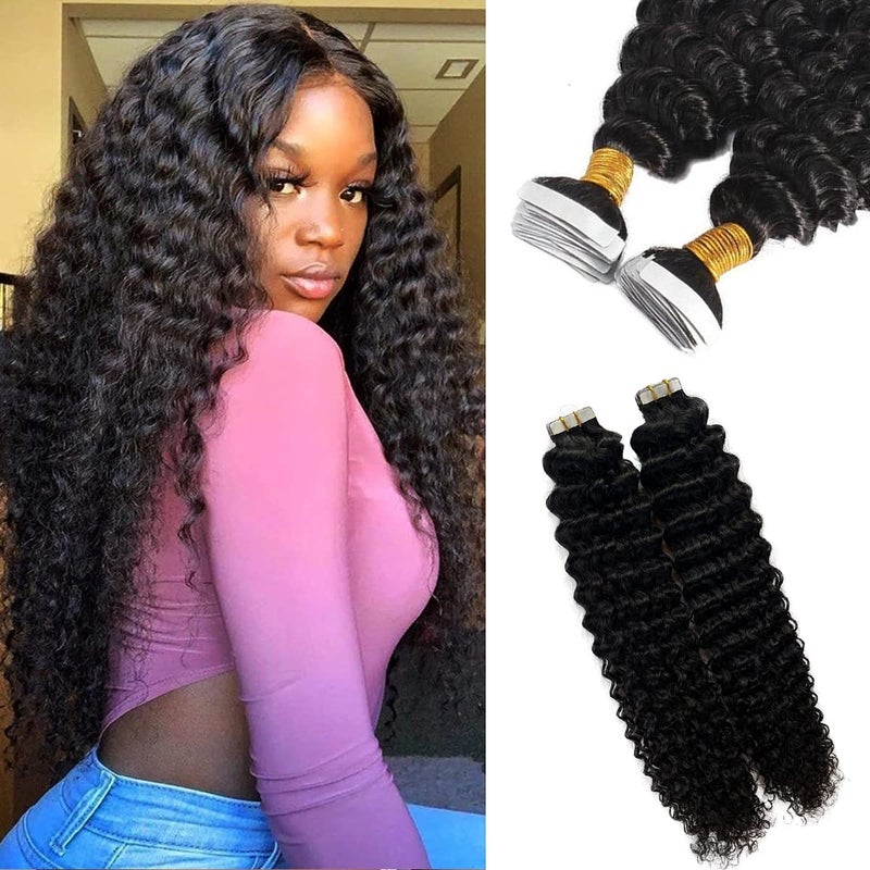 Black Tape in Hair Extensions for Black Women100 Real Hair Extensions Curly Wave Tape ins Seamless Skin Weft Natural Black Hair Extensions 50grams 20pcs 18