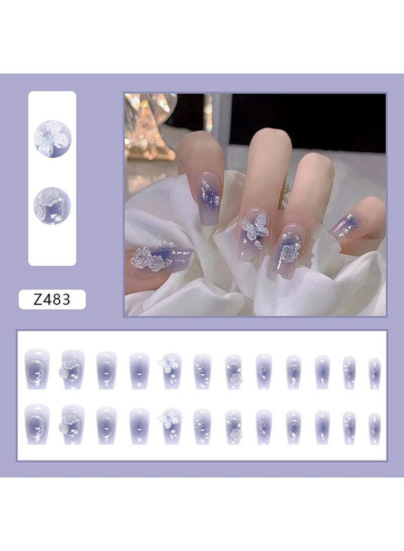 NIBEMINENT 24Pcs Fake Nails, Press Nails,12 Size In Box,Mid-Mid-length Ballet Manicure,Purple Solid Gold Color Shiny Nail Art,White Butterfly Camellia sinensis Flower Nail Art,Fake Nail Patch - Image 1