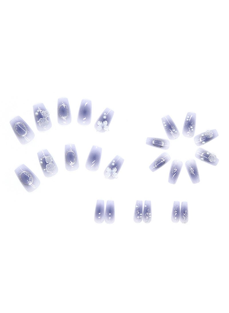 NIBEMINENT 24Pcs Fake Nails, Press Nails,12 Size In Box,Mid-Mid-length Ballet Manicure,Purple Solid Gold Color Shiny Nail Art,White Butterfly Camellia sinensis Flower Nail Art,Fake Nail Patch - Image 3