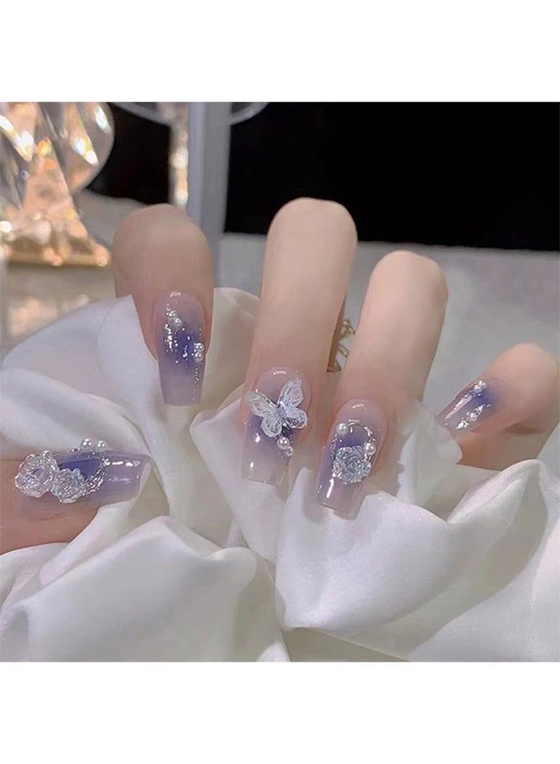 NIBEMINENT 24Pcs Fake Nails, Press Nails,12 Size In Box,Mid-Mid-length Ballet Manicure,Purple Solid Gold Color Shiny Nail Art,White Butterfly Camellia sinensis Flower Nail Art,Fake Nail Patch - Image 2