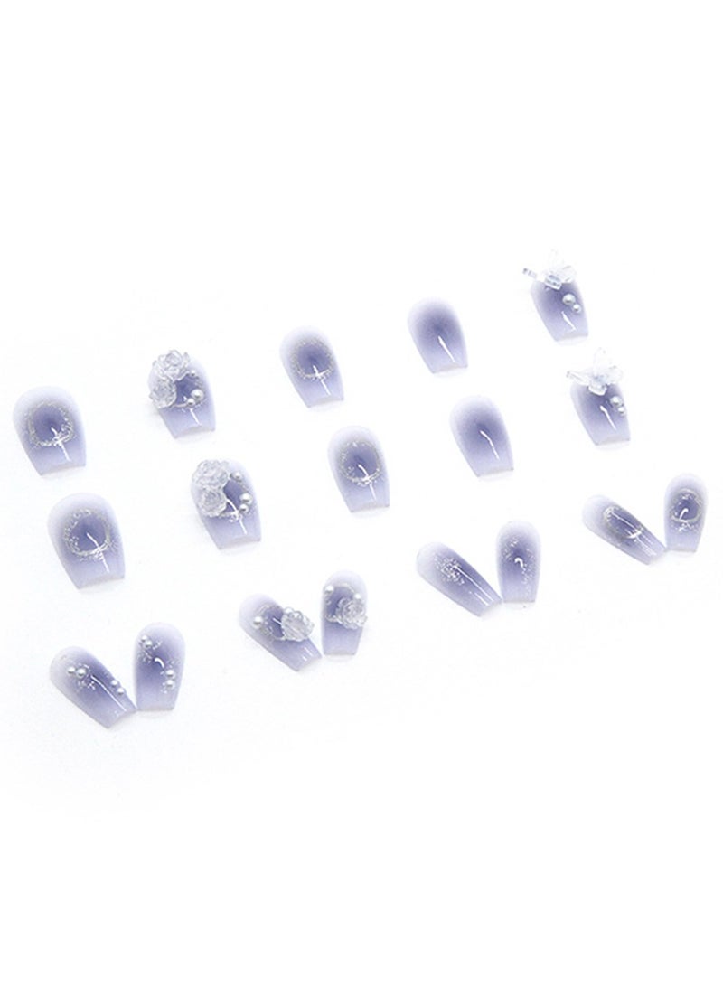 NIBEMINENT 24Pcs Fake Nails, Press Nails,12 Size In Box,Mid-Mid-length Ballet Manicure,Purple Solid Gold Color Shiny Nail Art,White Butterfly Camellia sinensis Flower Nail Art,Fake Nail Patch - Image 4