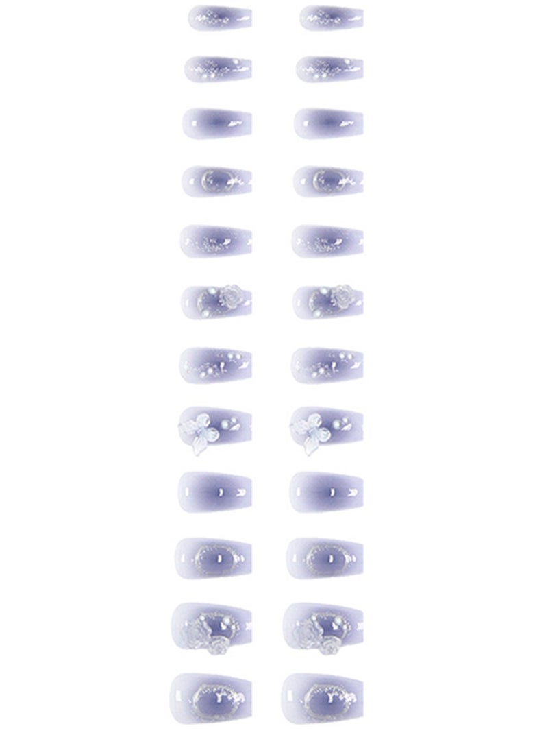 NIBEMINENT 24Pcs Fake Nails, Press Nails,12 Size In Box,Mid-Mid-length Ballet Manicure,Purple Solid Gold Color Shiny Nail Art,White Butterfly Camellia sinensis Flower Nail Art,Fake Nail Patch - Image 5