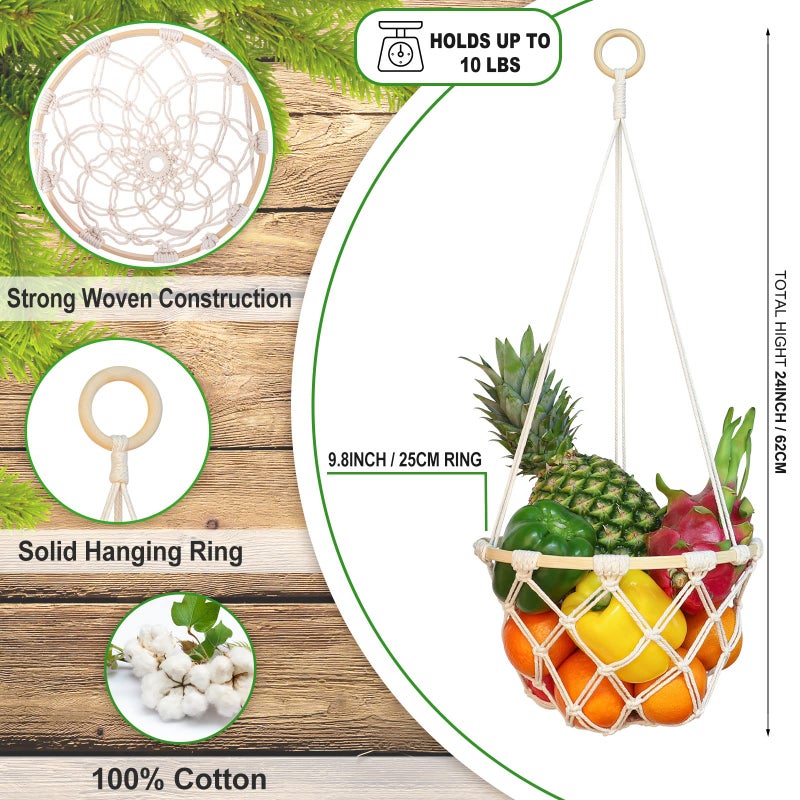 ANROYE Single Tier Macrame Hanging Fruit Basket, Boho Vegetable Holder for Kitchen Food Storage with Hook, Bohemian Cotton Produce Organizer, Plant Hanger Decor for Home Bathroom Bedroom Women Christmas Gift - Image 2