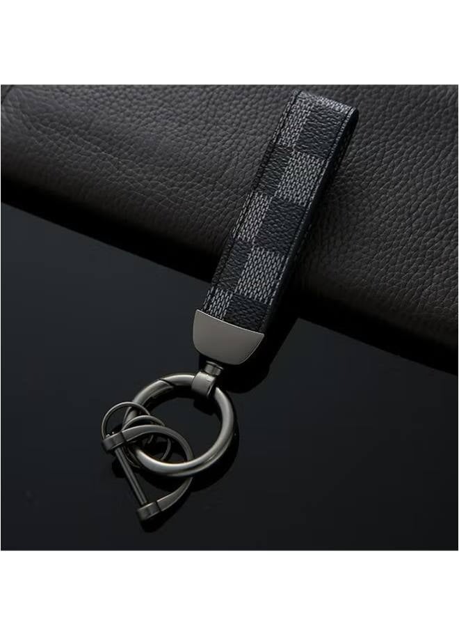 Car PU Leather Metal Keychain - Plaid Leather Zinc Alloy Ring 360° Rotating - Car Universal Wrist Band - Key School Bag Car Decoration Pendant - Black/Send a Screwdriver - Image 5